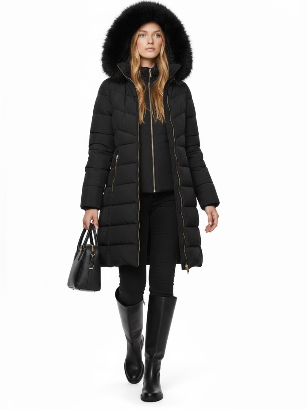 Halston Parka Black Long Puffer Coat Double Layer Warm Winter Vest Hood Medium